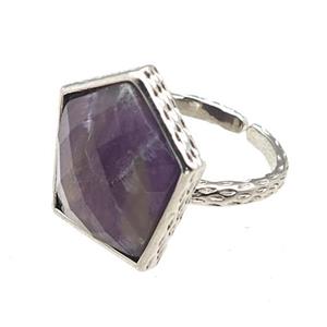 Purple Amethyst Pentagon Rings Copper Shield Adjustable Platinum Plated, approx 18-20mm, 18mm dia [GM22222]