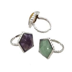 Natural Gemstone Pentagon Rings Copper Shield Adjustable Platinum Plated Mixed, approx 18-20mm, 18mm dia [GM22223]