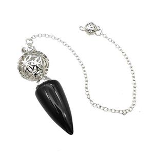 Natural Black Obsidian Dowsing Pendulum Pendant With Copper Hollow Ball Chain Platinum, approx 15-30mm, 18mm, 16cm length [GM22275]
