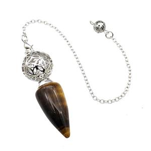 Natural Tiger Eye Stone Dowsing Pendulum Pendant With Copper Hollow Ball Chain Platinum, approx 15-30mm, 18mm, 16cm length [GM22280]