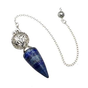 Natural Blue Lapis Lazuli Dowsing Pendulum Pendant With Copper Hollow Ball Chain Platinum, approx 15-30mm, 18mm, 16cm length [GM22281]
