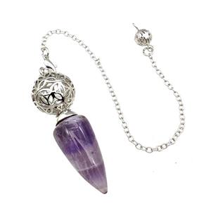 Natural Purple Amethyst Dowsing Pendulum Pendant With Copper Hollow Ball Chain Platinum, approx 15-30mm, 18mm, 16cm length [GM22282]