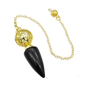 Natural Black Obsidian Dowsing Pendulum Pendant With Copper Hollow Ball Chain Gold Plated, approx 15-30mm, 18mm, 16cm length [GM22286]
