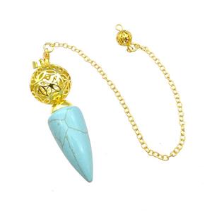 Synthetic Turquoise Dowsing Pendulum Pendant With Copper Hollow Ball Chain Gold Plated, approx 15-30mm, 18mm, 16cm length [GM22288]