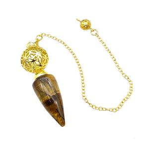Natural Tiger Eye Stone Dowsing Pendulum Pendant With Copper Hollow Ball Chain Gold Plated, approx 15-30mm, 18mm, 16cm length [GM22291]