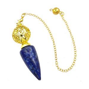Natural Blue Lapis Lazuli Dowsing Pendulum Pendant With Copper Hollow Ball Chain Gold Plated, approx 15-30mm, 18mm, 16cm length [GM22292]