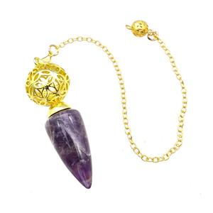 Natural Purple Amethyst Dowsing Pendulum Pendant With Copper Hollow Ball Chain Gold Plated, approx 15-30mm, 18mm, 16cm length [GM22293]