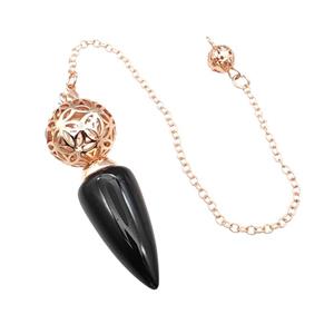 Natural Black Obsidian Dowsing Pendulum Pendant With Copper Hollow Ball Chain Rose Gold, approx 15-30mm, 18mm, 16cm length [GM22297]