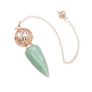 Natural Green Aventurine Dowsing Pendulum Pendant With Copper Hollow Ball Chain Rose Gold, approx 15-30mm, 18mm, 16cm length [GM22298]