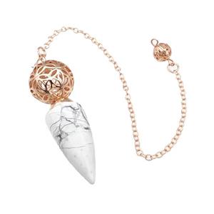 White Howlite Turquoise Dowsing Pendulum Pendant With Copper Hollow Ball Chain Rose Gold, approx 15-30mm, 18mm, 16cm length [GM22299]