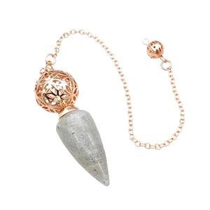 Natural Labradorite Dowsing Pendulum Pendant With Copper Hollow Ball Chain Rose Gold, approx 15-30mm, 18mm, 16cm length [GM22301]