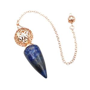 Natural Blue Lapis Lazuli Dowsing Pendulum Pendant With Copper Hollow Ball Chain Rose Gold, approx 15-30mm, 18mm, 16cm length [GM22303]