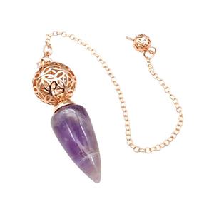 Natural Purple Amethyst Dowsing Pendulum Pendant With Copper Hollow Ball Chain Rose Gold, approx 15-30mm, 18mm, 16cm length [GM22304]
