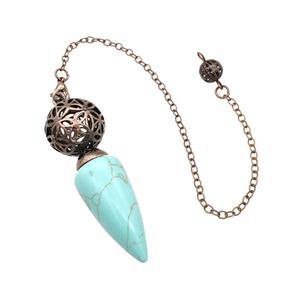 Synthetic Turquoise Dowsing Pendulum Pendant With Copper Hollow Ball Chain Antique Red, approx 15-30mm, 18mm, 16cm length [GM22310]