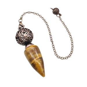 Natural Tiger Eye Stone Dowsing Pendulum Pendant With Copper Hollow Ball Chain Antique Red, approx 15-30mm, 18mm, 16cm length [GM22313]