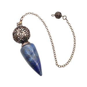 Natural Blue Lapis Lazuli Dowsing Pendulum Pendant With Copper Hollow Ball Chain Antique Red, approx 15-30mm, 18mm, 16cm length [GM22314]