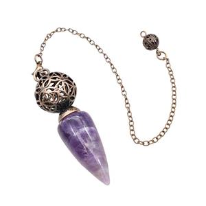 Natural Purple Amethyst Dowsing Pendulum Pendant With Copper Hollow Ball Chain Antique Red, approx 15-30mm, 18mm, 16cm length [GM22315]