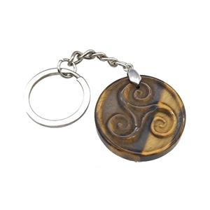 Tiger Eye Stone Triskelion Keychain Circle Alloy Platinum Plated, approx 32mm, 25mm [GM22320]