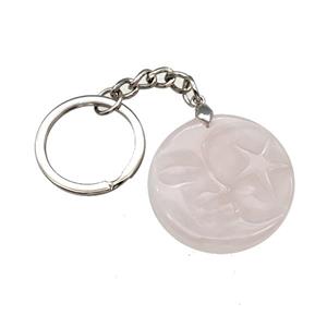 Pink Rose Quartz MoonStar Keychain Circle Alloy Platinum Plated, approx 32mm, 25mm [GM22324]