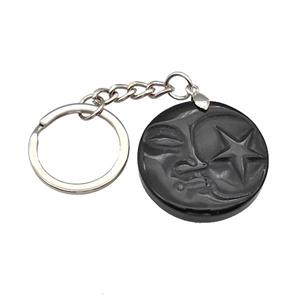 Black Obsidian MoonStar Keychain Circle Alloy Platinum Plated, approx 32mm, 25mm [GM22325]