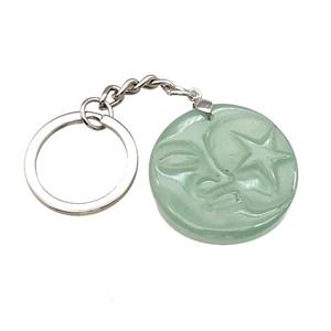 Green Aventurine MoonStar Keychain Circle Alloy Platinum Plated, approx 32mm, 25mm [GM22326]