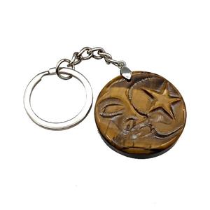 Tiger Eye Stone MoonStar Keychain Circle Alloy Platinum Plated, approx 32mm, 25mm [GM22327]