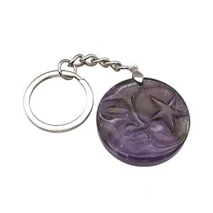 Purple Amethyst MoonStar Keychain Circle Alloy Platinum Plated, approx 32mm, 25mm [GM22328]