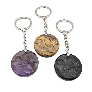 Natural Gemstone MoonStar Keychain Circle Alloy Platinum Plated Mixed, approx 32mm, 25mm [GM22329]