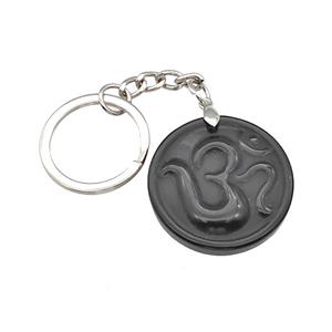 Black Obsidian Hinduism Keychain OM Circle Alloy Platinum Plated, approx 32mm, 25mm [GM22339]