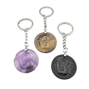 Natural Gemstone Hinduism Keychain OM Circle Alloy Platinum Plated Mixed, approx 32mm, 25mm [GM22343]