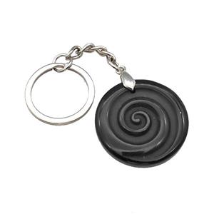 Black Obsidian Spiral Keychain Circle Alloy Platinum Plated, approx 32mm, 25mm [GM22346]