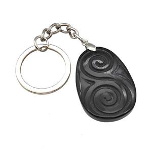 Black Obsidian Spiral Keychain Flat Teardrop Alloy Platinum Plated, approx 25-35mm, 25mm [GM22353]