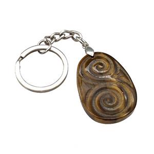 Tiger Eye Stone Spiral Keychain Flat Teardrop Alloy Platinum Plated, approx 25-35mm, 25mm [GM22355]