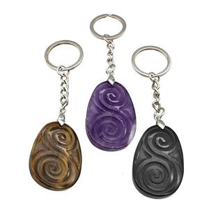 Natural Gemstone Spiral Keychain Flat Teardrop Alloy Platinum Plated Mixed, approx 25-35mm, 25mm [GM22357]