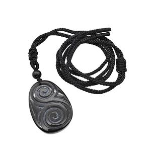 Natural Black Obsidian Spiral Necklace Flat Teardrop Black Nylon Rope, approx 25-35mm [GM22410]