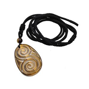 Natural Tigers Eye Stone Spiral Necklace Flat Teardrop Black Nylon Rope, approx 25-35mm [GM22412]