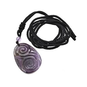 Natural Purple Amethyst Spiral Necklace Flat Teardrop Black Nylon Rope, approx 25-35mm [GM22413]