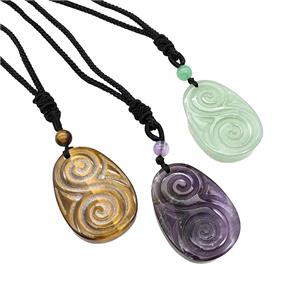 Natural Gemstone Spiral Necklace Flat Teardrop Black Nylon Wire Rope Mixed, approx 25-35mm [GM22414]