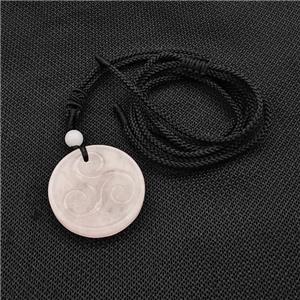 Natural Pink Rose Quartz Triskelion Necklace Circle Black Nylon Rope, approx 32mm [GM22416]