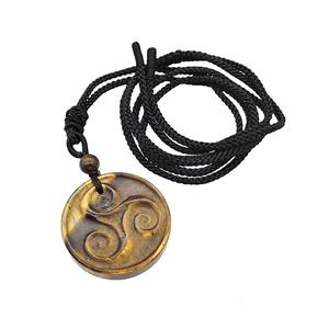 Tiger Eye Stone Triskelion Necklace Circle Black Nylon Rope, approx 32mm [GM22419]