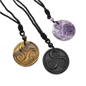 Natural Gemstone Triskelion Necklace Circle Black Nylon Cord Rope Mixed, approx 32mm [GM22421]