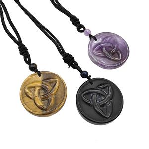 Natural Gemstone Trinity Necklace Circle Black Nylon Rope Cord Mixed, approx 32mm [GM22428]