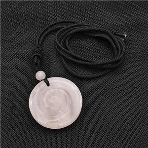 Natural Pink Rose Quartz Spiral Necklace Circle Black Nylon Rope, approx 32mm [GM22430]