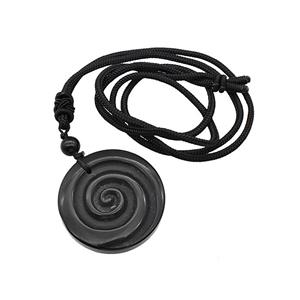 Natural Black Obsidian Spiral Necklace Circle Black Nylon Rope, approx 32mm [GM22431]