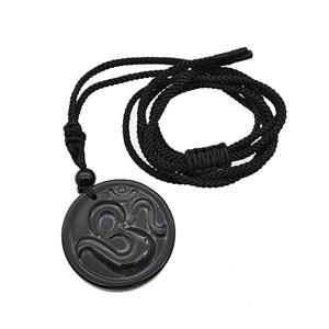 Natural Black Obsidian Hinduism Necklace Circle Black Nylon Rope, approx 32mm [GM22438]