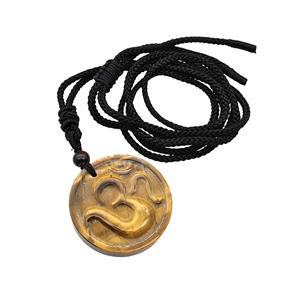 Natural Tiger Eye Stone Hinduism Necklace Circle Black Nylon Rope, approx 32mm [GM22440]