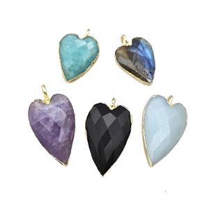 Natural Gemstone Heart Pendant Faceted Gold Plated Mixed, approx 12-15mm [GM22460-S]