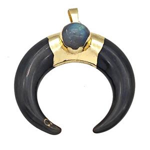 Black Obsidian Horn Pendant With Labradorite Gold Plated Crescent, approx 38mm [GM22527]