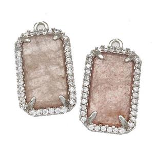 Pink Strawberry Quartz Rectangle Pendant Copper Pave Zircon Platinum Plated, approx 12-18mm [GM22556]