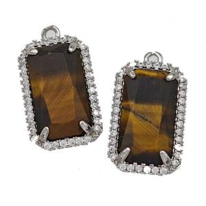 Natural Tiger Eye Stone Rectangle Pendant Copper Pave Zircon Platinum Plated, approx 12-18mm [GM22561]